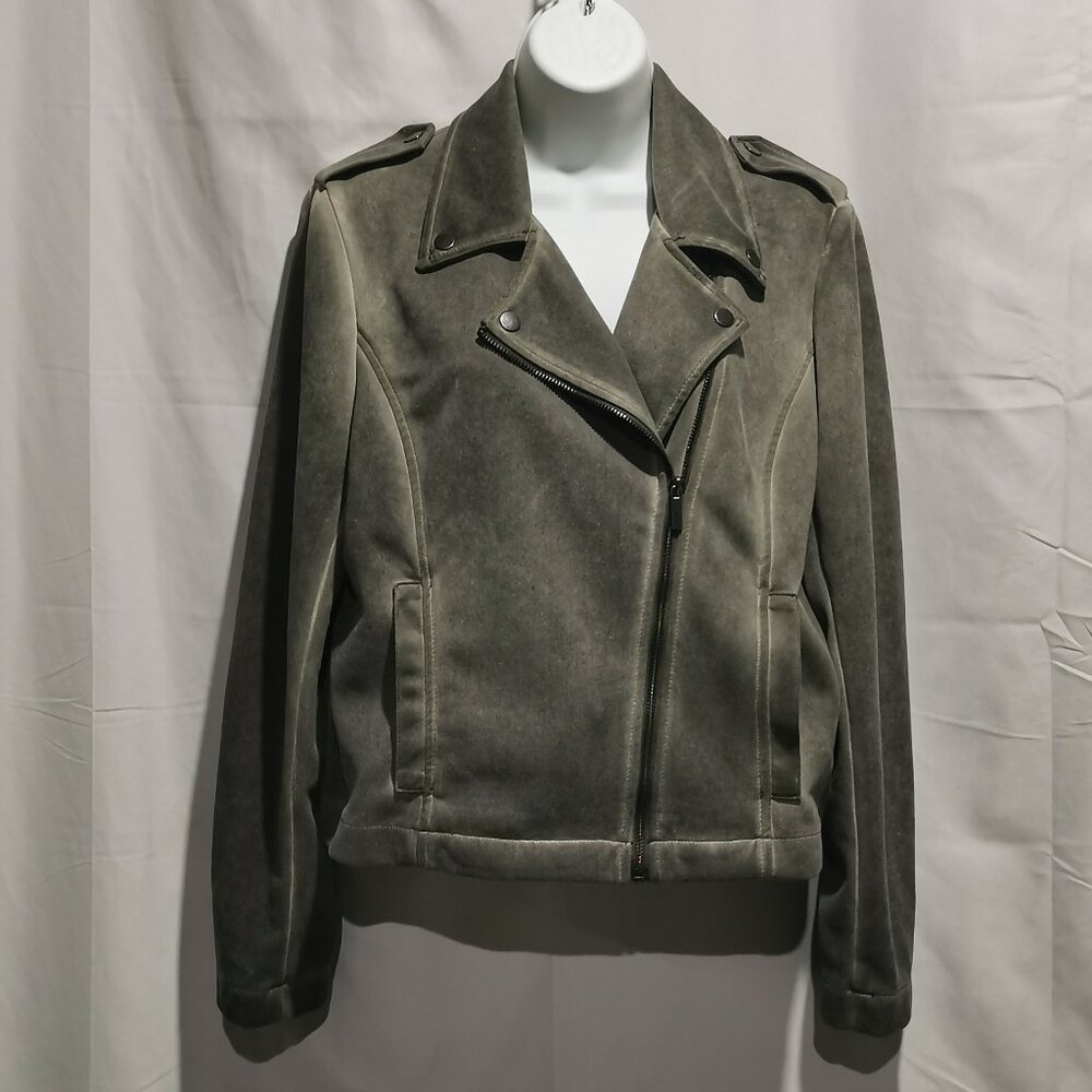 Grey/Olive Moto Style Faux Suede Lightweight Jacket Size M EUC #158